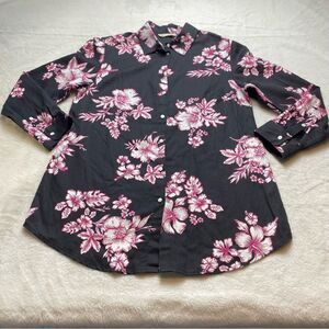 Soft Surroundings Button Down Black with Pink White Floral Design Blouse Size PM